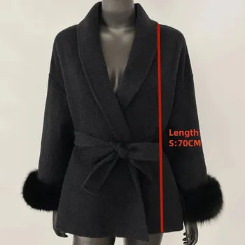 Dámský kabát Best Fashion Elegantní dámský vlněný kabát s kožešinovými detaily do kanceláře Velikost: S, Barva (Varianta): Černá