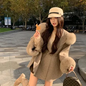 Dámský kabát Best Fashion Dámský vlněný kabát s páskem a kapucí z liščí kožešiny Velikost: S, Barva (Varianta): Kávová