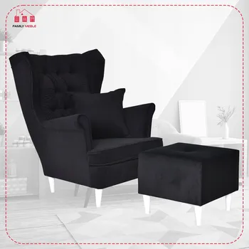 Křeslo Křeslo ušák Gaja s podnožkou, skandinávský styl Family Meble, černé, měkké