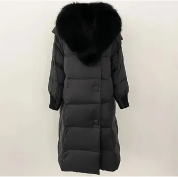 Dámská parka Best Fashion Dlouhá dámská péřová bunda s límcem z liščí a mývalí kožešiny Velikost: S, Barva (Varianta): Černá