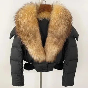 Dámská parka Best Fashion Dámská péřová bunda s kapucí a límcem z liščí a mývalí kožešiny Velikost: ONE SIZE, Barva (Varianta): Černo-zlatá