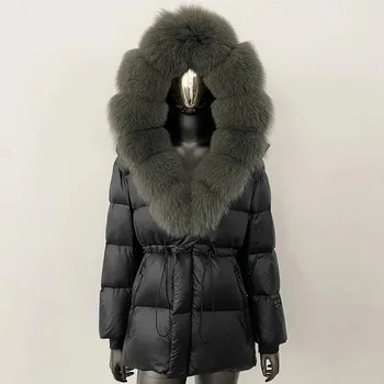 Dámská parka Best Fashion Dámská péřová parka s límcem z liščí kožešiny a páskem Velikost: S, Barva (Varianta): Zelená