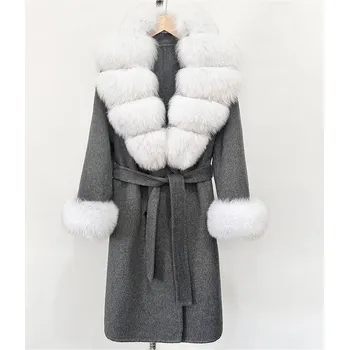Dámský kabát Best Fashion Dámský dlouhý vlněný kabát s límcem z liščí kožešiny Velikost: S, Barva (Varianta): Grey white