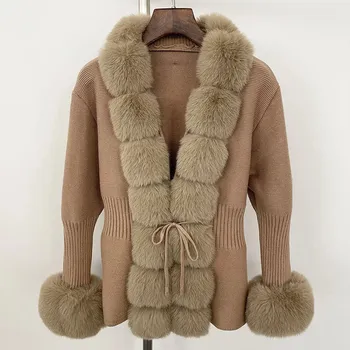 Dámský kožich Best Fashion Dámský pletený cardigan s umělou kožešinou kolem límce Velikost: ONE SIZE, Barva (Varianta): Khaki