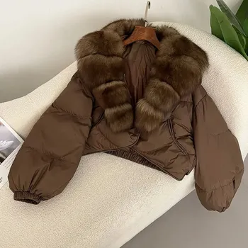 Dámská parka Best Fashion Dámská krátká péřová bunda s kožešinovým lemem Velikost: M, Barva (Varianta): Full Brown J