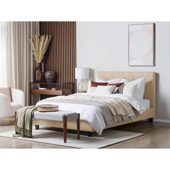 Postel Postel béžové čalounění 140 x 200 cm vysoké prošívané čelo moderní design Beliani
