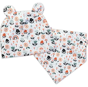 Kojenecký body Baby Nellys Dvouvrstvá čepice s oušky + šátek Palouček, smetanová Velikost: 62-74 (3-9m)