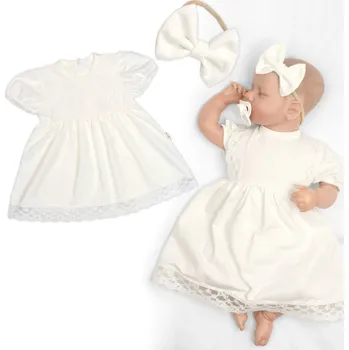 Kojenecká souprava Baby Nellys Luxusní šatičky s krajkou LOVE, krátkým rukávek + čelenka , 2D sada, smetanové Velikost: 80/86 (12-18m)