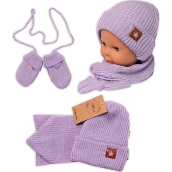 Baby Nellys Pletená čepice s šálou a rukavičky 3v1, STAR - fialová Velikost: 56/62 (0-3m)