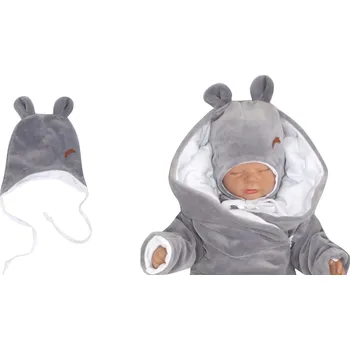 Kojenecký body Z&Z Velurová čepice na zavazování s oušky, šedá Velikost: 68/74 (6-9m)