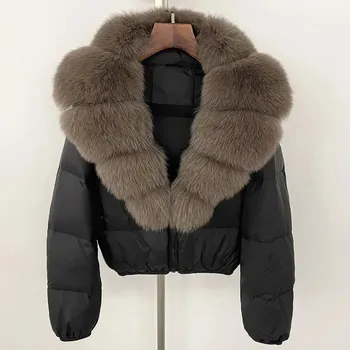 Dámská parka Best Fashion Dámská krátká péřová bunda s límcem z liščí kožešiny Velikost: L, Barva (Varianta): Black dark grey