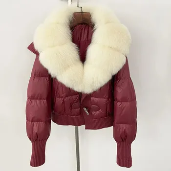 Dámská parka Best Fashion Krátká dámská péřová bunda s bohatým límcem z liščí kožešiny Velikost: S, Barva (Varianta): Béžová