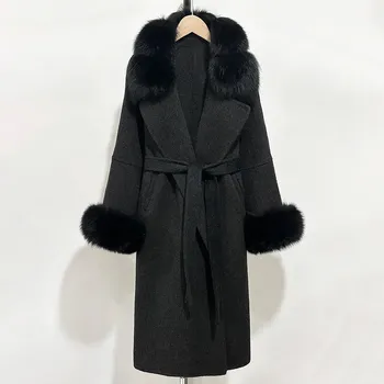 Dámský kabát Best Fashion Dlouhý dámský vlněný kabát s manžetami z liščí kožešiny Velikost: M, Barva (Varianta): black black