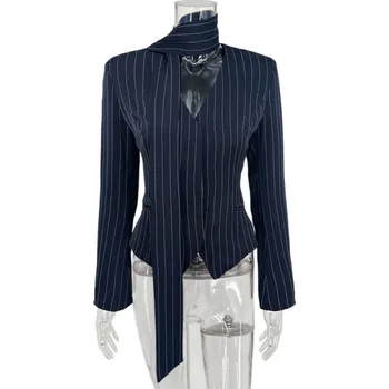 Dámské sako Dámské elegantní sako s límečkem a proužky Jednobarevné sako z polyesteru Stylový kabátek v různých barvách s jemným vzorem pro práci i společenské akce tmavě modrá M
