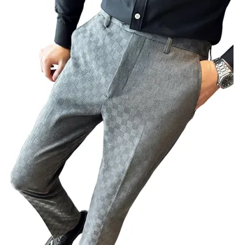Pánské kalhoty Pánské společenské kalhoty s kapsami Jednobarevné s jemnými kostičkami Elegantní rovný střih Stylové kalhoty pro muže do práce i na formální události šedá 29