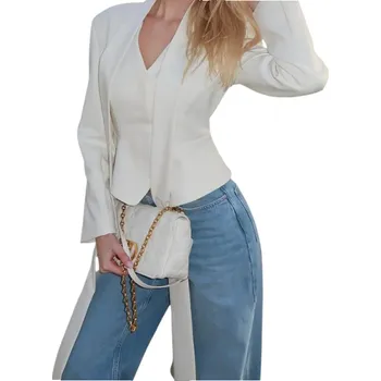 Dámské bílé elegantní sako s límečkem Jednobarevné společenské sako z polyesteru Stylový kabátek pro kancelář, obchodní schůzky i každodenní nošení S