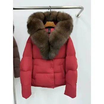 Dámská parka Best Fashion Dámská krátká péřová bunda s límcem z pravé liščí kožešiny Velikost: XL, Barva (Varianta): Červená