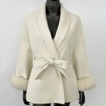 Dámský kabát Best Fashion Dámský vlněný kabát s kožešinovými detaily Velikost: M, Barva (Varianta): Béžová