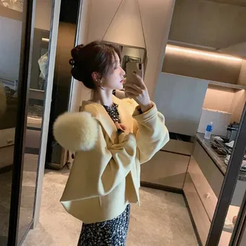 Dámský kabát Best Fashion Dámský kašmírový kabát s límcem z liščí kožešiny a volným střihem Velikost: M, Barva (Varianta): Žlutá