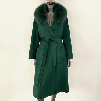 Dámský kabát Best Fashion Dámský dlouhý vlněný kabát s límcem z liščí kožešiny Velikost: M, Barva (Varianta): Tmavě zelená