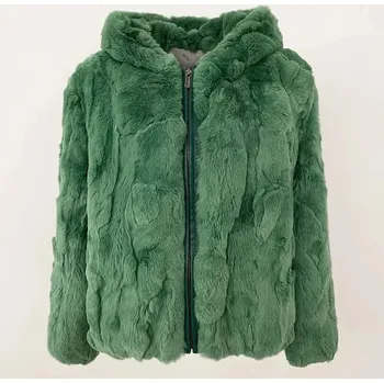 Dámský kabát Best Fashion Králíkový kabát s kapucí z pravé kožešiny Velikost: XL, Barva (Varianta): Green length 55cm