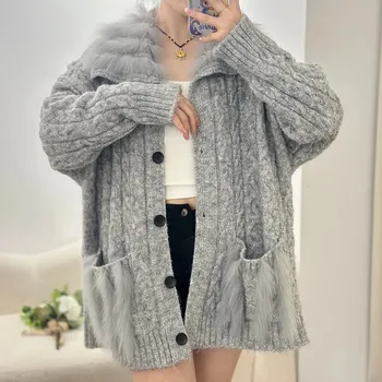 Dámský kožich Best Fashion Dámský pletený cardigan s pruhovaným vzorem a pravou kožešinou Velikost: ONE SIZE, Barva (Varianta): Šedá