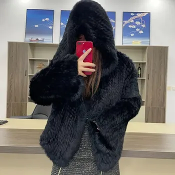 Dámský kabát Best Fashion Dámský pletený kabát z králičí kožešiny s kapucí Velikost: ONE SIZE, Barva (Varianta): Černá