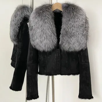 Dámský kabát Best Fashion Dámský semišový kabát s králičí podšívkou a kožešinovým límcem Velikost: M, Barva (Varianta): black silver