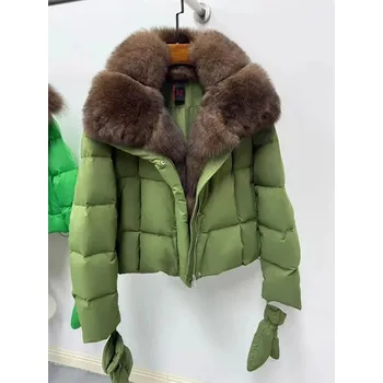 Dámská parka Best Fashion Dámská péřová bunda s límcem z liščí kožešiny Velikost: M, Barva (Varianta): Tmavě zelená