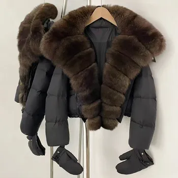 Dámská parka Best Fashion Dámská krátká péřová bunda s kapucí a límcem z liščí kožešiny Velikost: S, Barva (Varianta): Black zidiao