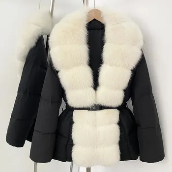 Dámská parka Best Fashion Dámská luxusní péřová bunda s bohatým límcem z liščí kožešiny Velikost: S, Barva (Varianta): Black beige