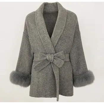 Dámský kabát Best Fashion Dámský vlněný kabát s odnímatelnými manžetami z liščí kožešiny Velikost: S, Barva (Varianta): Gray short