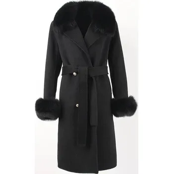 Dámský kabát Best Fashion Dlouhý dámský vlněný kabát s páskem a kožešinovým límcem Velikost: M, Barva (Varianta): Černá