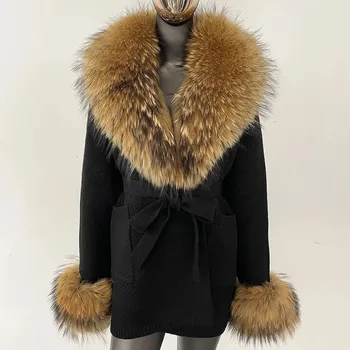 Dámský kabát Best Fashion Dlouhý pletený kabát s kapucí a kožešinovým lemem Velikost: ONE SIZE, Barva (Varianta): black natural