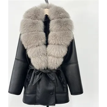 Dámská parka Best Fashion Dámská retro parka z jehněčí kožešiny s páskem a límcem z lišky Velikost: S, Barva (Varianta): Šedá