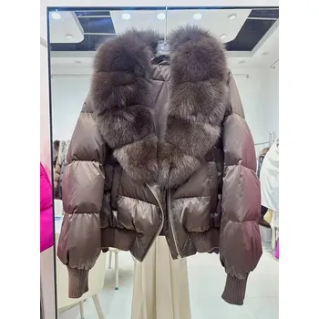Dámská parka Best Fashion Dámská krátká péřová bunda s límcem z liščí kožešiny Velikost: L, Barva (Varianta): Hnědá
