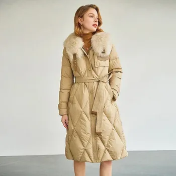 Dámská parka Best Fashion Dámská dlouhá péřová parka s límcem z liščí kožešiny Velikost: 2XL, Barva (Varianta): Khaki