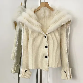 Dámský kožich Best Fashion Krátký dámský pletený cardigan s pravou liščí kožešinou Velikost: ONE SIZE, Barva (Varianta): Béžová