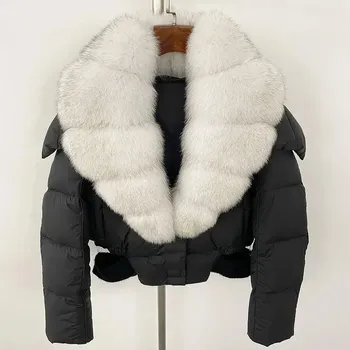 Dámská parka Best Fashion Dámská péřová bunda s kapucí a límcem z liščí a mývalí kožešiny Velikost: ONE SIZE, Barva (Varianta): Black raw white