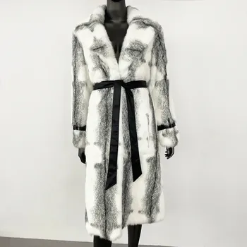 Dámský kabát Best Fashion Dlouhý dámský kabát z králičí kožešiny s leopardím vzorem Velikost: S, Barva (Varianta): 3-1