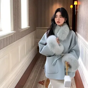 Dámský kabát Best Fashion Dámský kašmírový kabát s kožešinovým límcem z lišky Velikost: M, Barva (Varianta): Modrá