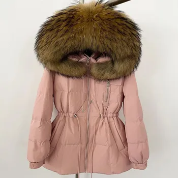 Dámská parka Best Fashion Dámská péřová parka s kapucí z mývalí kožešiny Velikost: S, Barva (Varianta): pink natural
