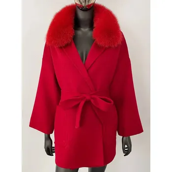 Dámský kabát Best Fashion Dámský vlněný kabát s kožešinovým límcem z mývala a lišky Velikost: S, Barva (Varianta): Červená