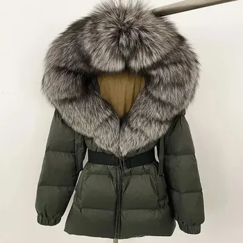 Dámská parka Best Fashion Dámská zimní péřová bunda s kapucí a bohatým límcem z liščí kožešiny Velikost: M, Barva (Varianta): Green silver