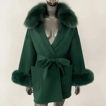 Dámský kabát Best Fashion Dámský kašmírový kabát s límcem z liščí a mývalí kožešiny Velikost: S, Barva (Varianta): Zelená
