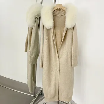 Dámský kožich Best Fashion Dámský dlouhý svetr s kapucí a lemem z pravé kožešiny Velikost: ONE SIZE, Barva (Varianta): Béžová