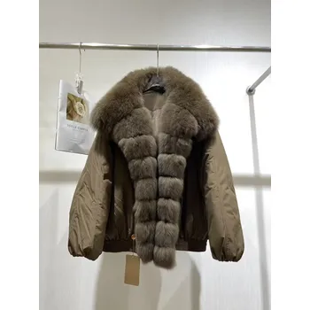 Dámská parka Best Fashion Dámská krátká péřová bunda s kožešinovým límcem z lišky Velikost: S, Barva (Varianta): Hnědá