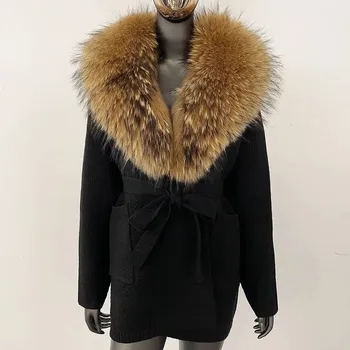 Dámský kožich Best Fashion Dámský pletený svetr s kapucí a lemem z liščí kožešiny Velikost: ONE SIZE, Barva (Varianta): black natural