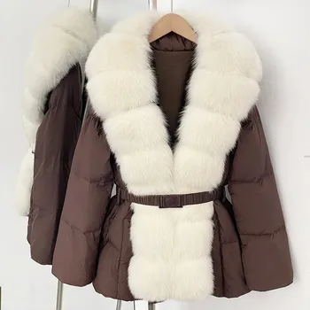 Dámská parka Best Fashion Dámská luxusní péřová bunda s bohatým límcem z liščí kožešiny Velikost: S, Barva (Varianta): Brown beige