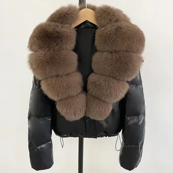 Dámská parka Best Fashion Krátká dámská péřová bunda s voděodolným povrchem a límcem z lišky Velikost: M, Barva (Varianta): Balck Brown